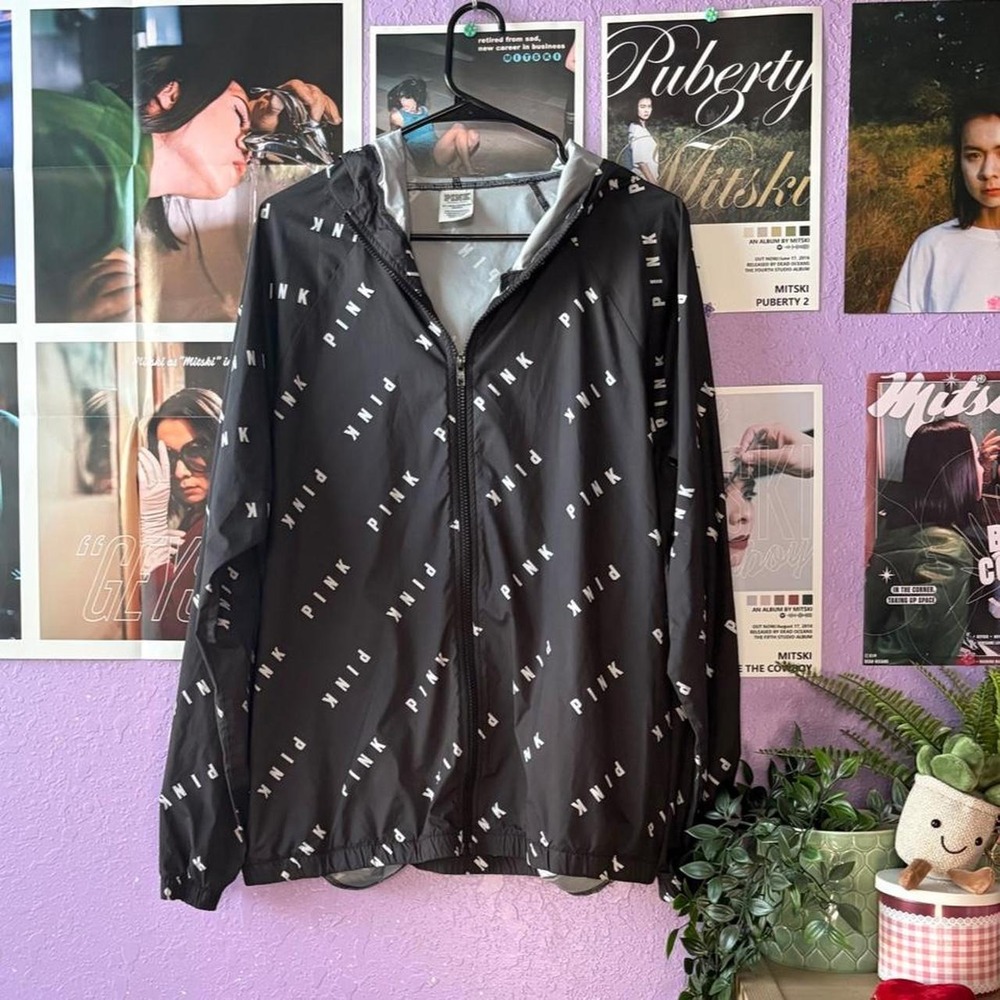 M/L Victoria's Secret PINK Black Logo Windbreaker Jacket Hooded